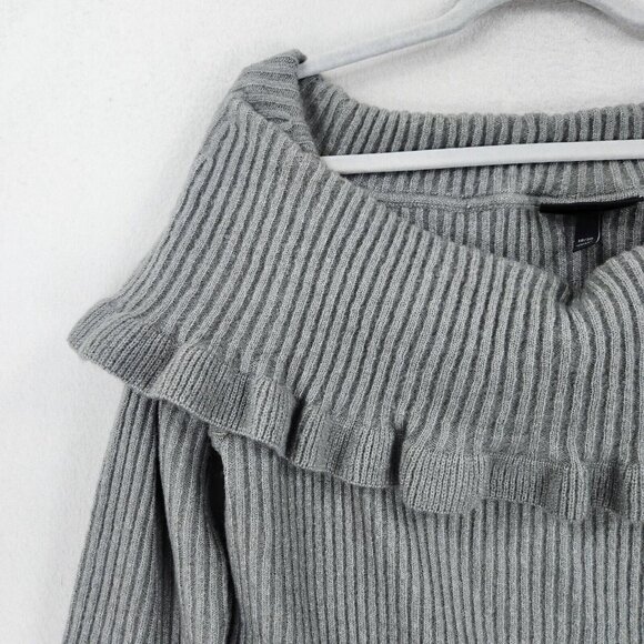 Lane Bryant Sweater Womens 18 Gray Wide Neck Off Shoulder Ruffle Beaded Ribbed - Picture 2 of 12